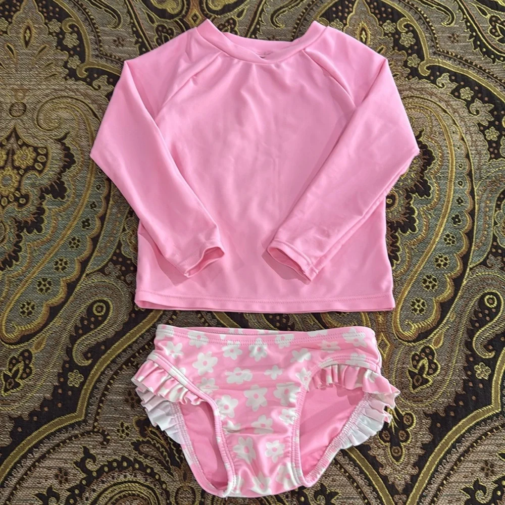 Old Navy Pink Floral 2 Piece Swim Set Rash Guard & Ruffle Bottom Baby 18-24 Mos